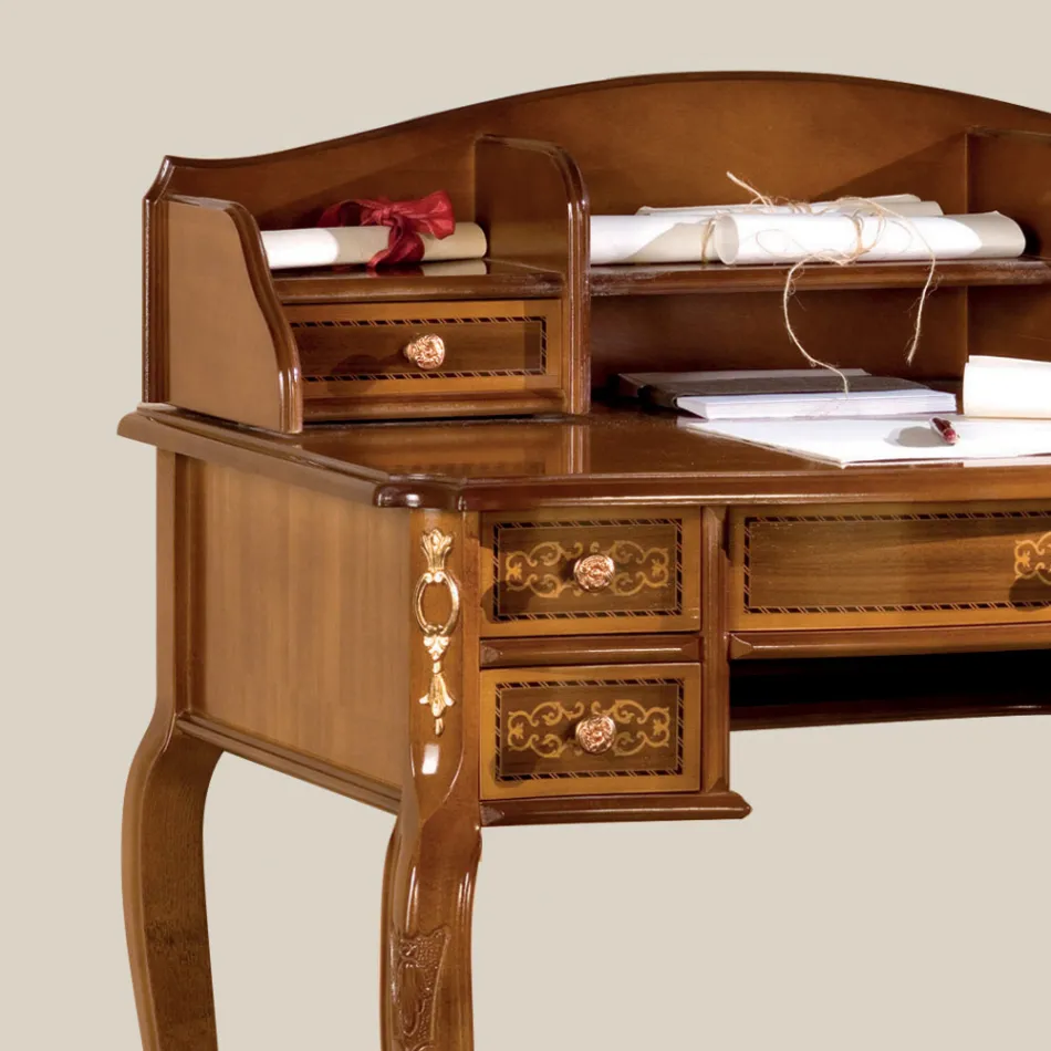 Birou 7 Sertare Lemn De Nuc cu Incrustații Made in Italy - Katerine Viadurini