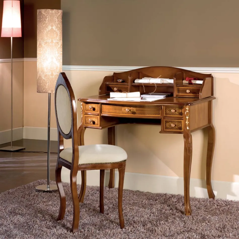 Birou 7 Sertare din lemn de nuc cu incrustații Made in Italy - Katerine Viadurini