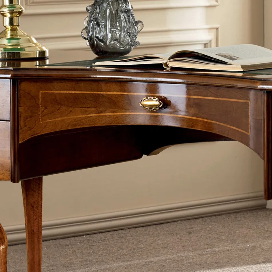 Birou Clasic 5 Sertare din Lemn și Piele Ecologică Made in Italy - Commodo Viadurini