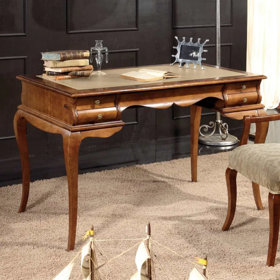 Birou cu 5 sertare din lemn de nuc si piele ecologica Made in Italy - Hastings Viadurini