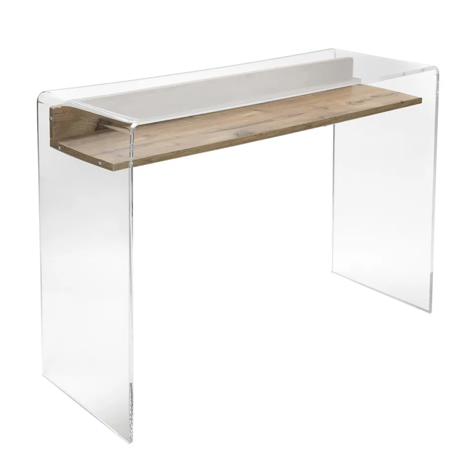 Birou transparent din plexiglas cu raft din lemn de design - Carducci Viadurini