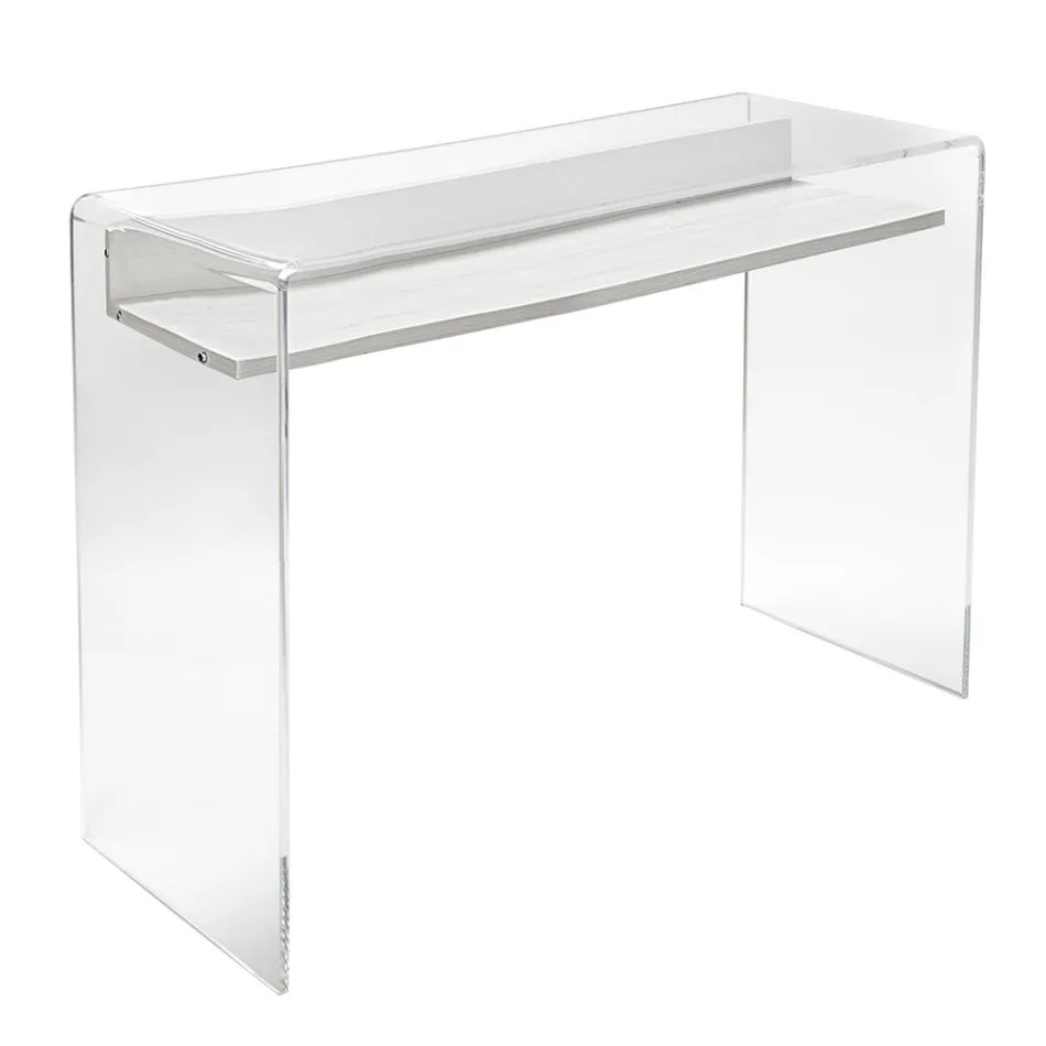 Birou transparent din plexiglas cu raft din lemn de design - Carducci Viadurini