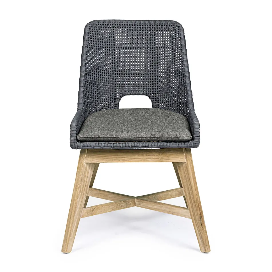 Scaun de exterior din funie si stofa cu baza din teak, Homemotion 2 piese - Lesya Viadurini