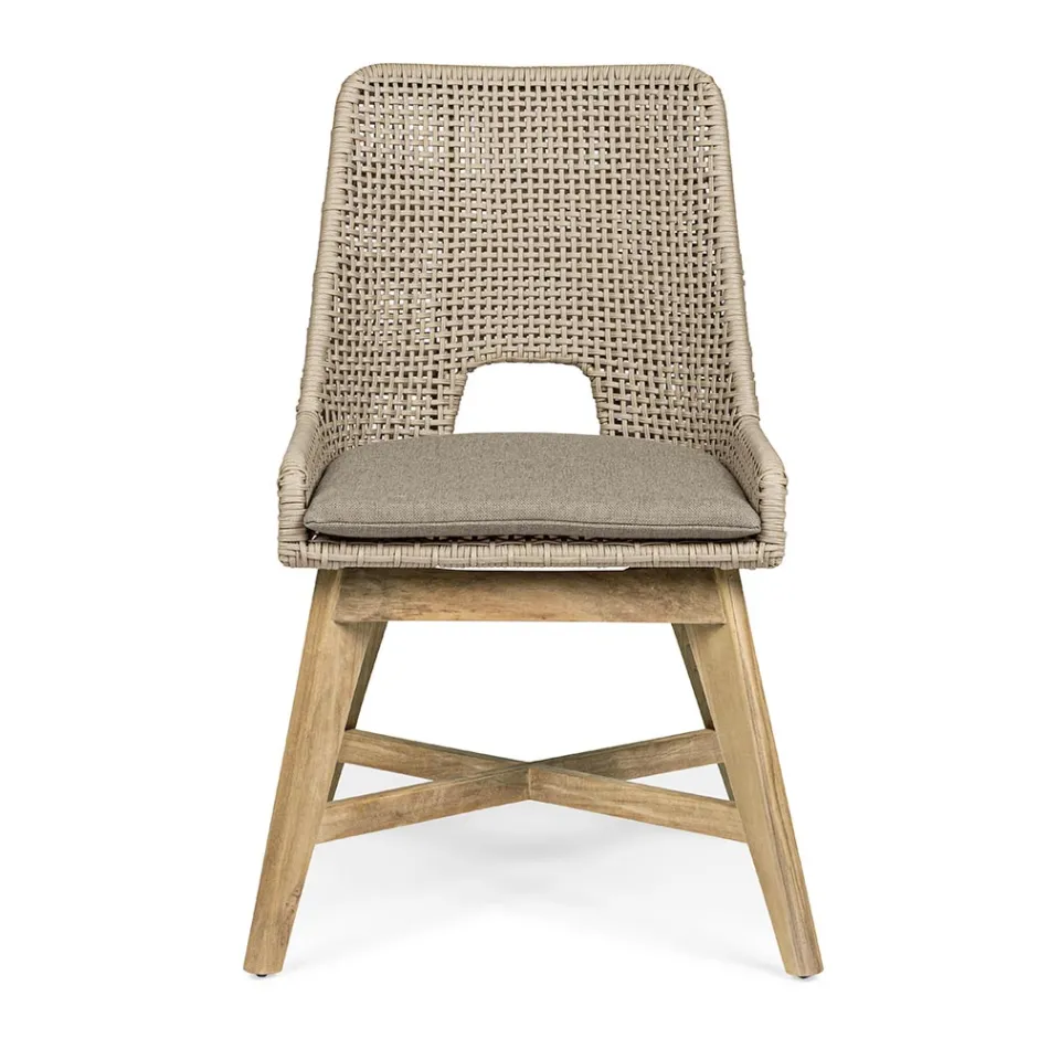 Scaun de exterior din funie si stofa cu baza din teak, Homemotion 2 piese - Lesya Viadurini