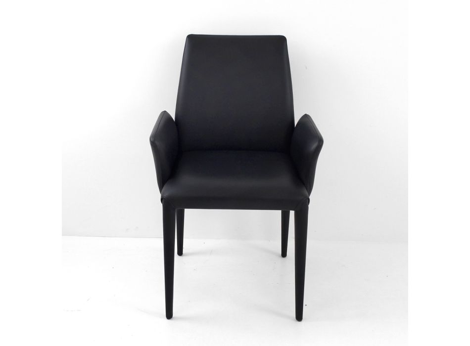 Scaun de sufragerie cu cotiere tapițat cu piele neagră Made in Italy - Meyer Viadurini