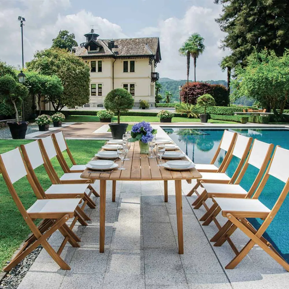 Scaun pliabil de exterior din lemn de salcam si textilena - Perfect Viadurini