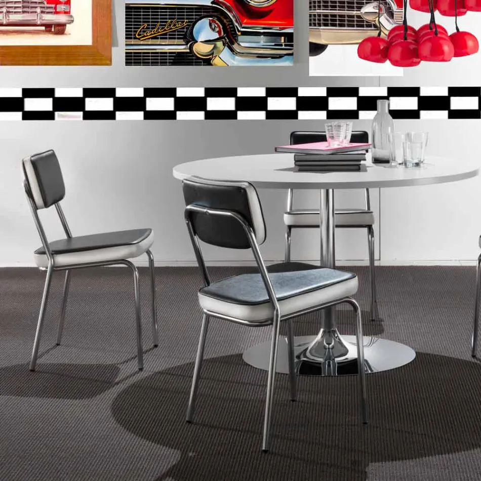 Scaun stil anii 50 din imitatie de piele graffiti si bordura alba Unica Viadurini