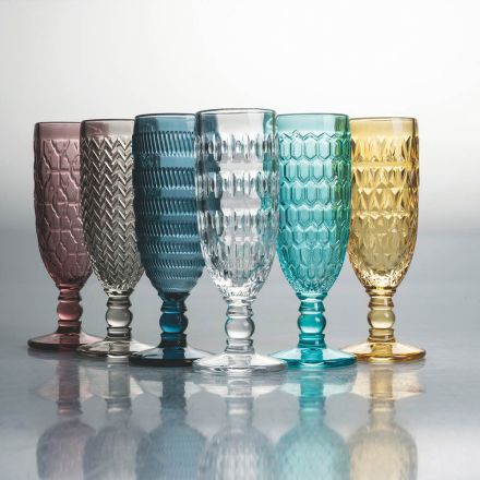 Set pahare Flaut din sticla colorata si diferite decoratiuni 12 bucati - Mix Viadurini