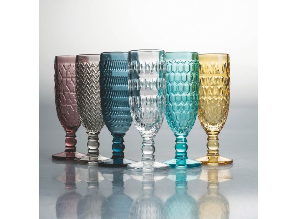 Set pahare Flaut din sticla colorata si diferite decoratiuni 12 bucati - Mix Viadurini