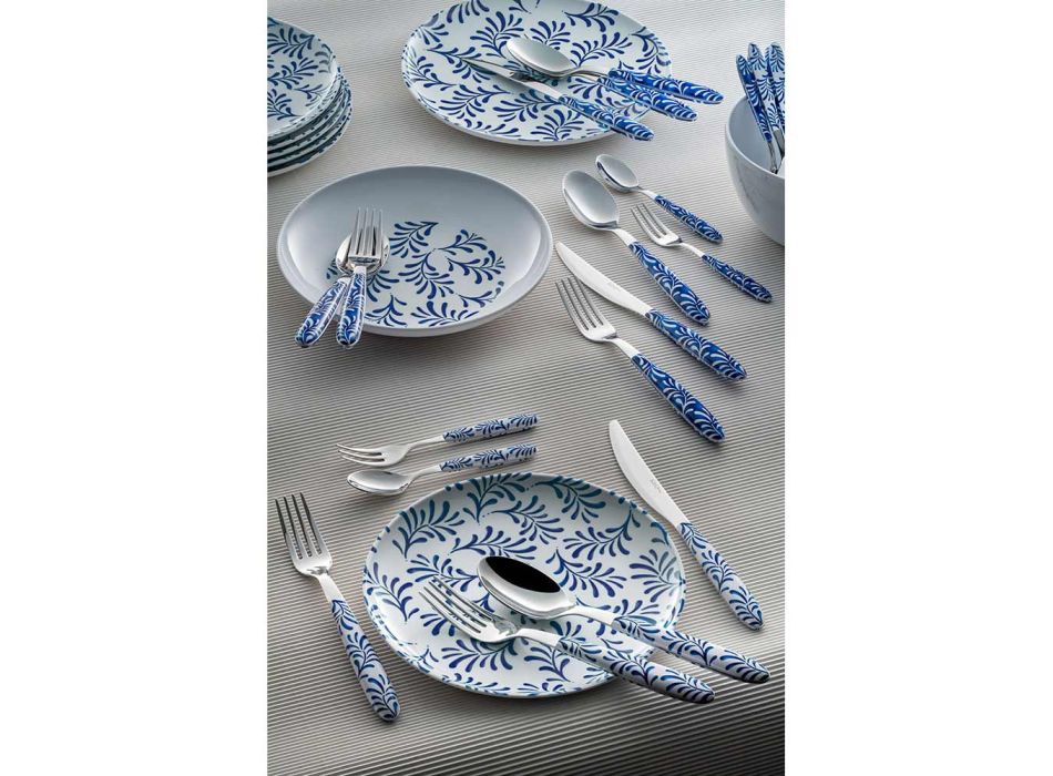 Set Tacâmuri Oțel și Plastic Decorație Albastru sau Alb 24 Buc - Alessandra Viadurini