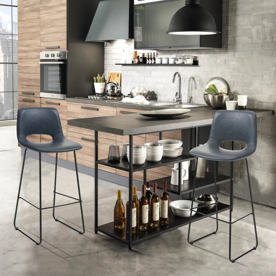 Scaun inalt de bucatarie din piele sintetica si metal negru 2 piese - Yuri Viadurini