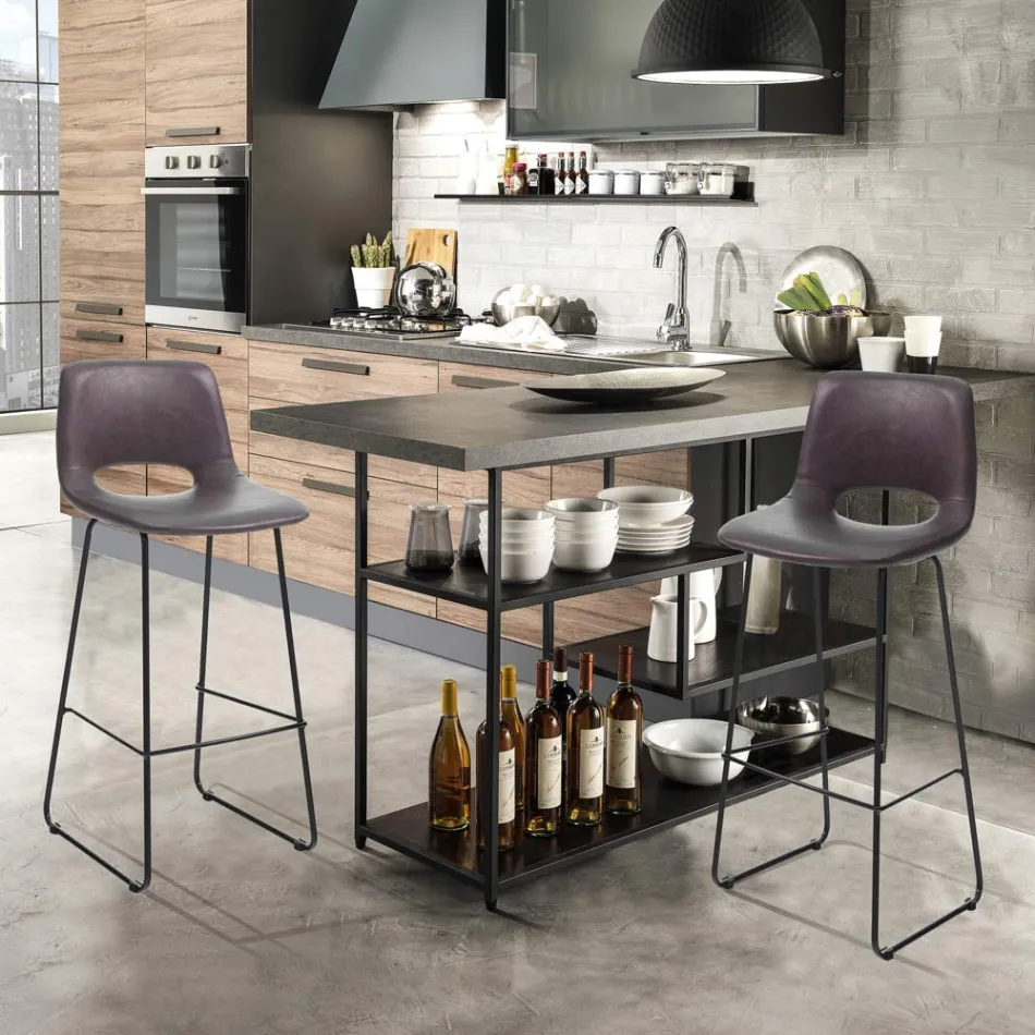 Scaun inalt de bucatarie din piele sintetica si metal negru 2 piese - Yuri Viadurini