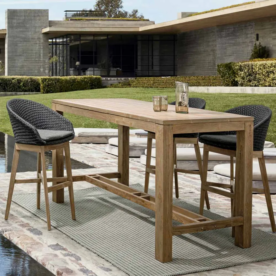 Scaun înalt de exterior din frânghie și lemn de tec, Homemotion, 2 buc - Anitha Viadurini