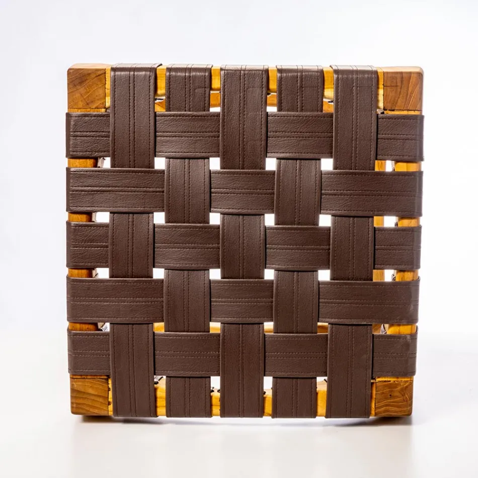 Taburet de baie de designer din tec cu scaun țesut - Yucca Viadurini