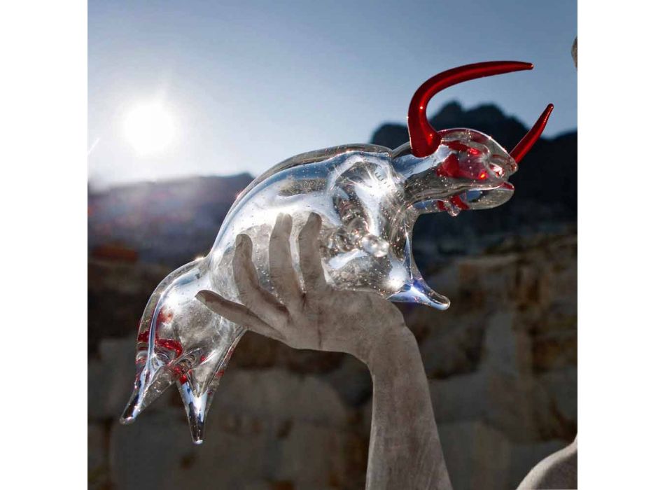 Ornament în formă de taur în sticlă roșie și transparentă Fabricat în Italia - Torero Viadurini