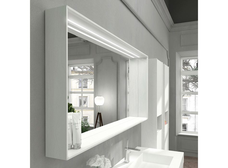 Oglindă de baie de perete cu lumină LED și cadru din lemn Fabricat în Italia - Geppio Viadurini