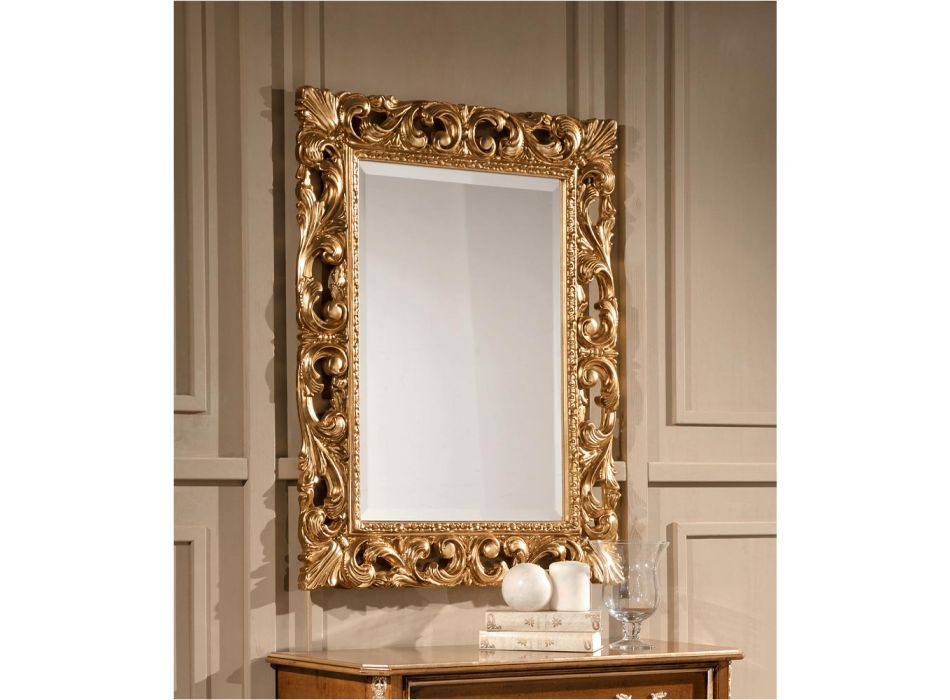 Oglindă dreptunghiulară clasică cadru cu frunze de aur, fabricată în Italia - Prețioasă Viadurini