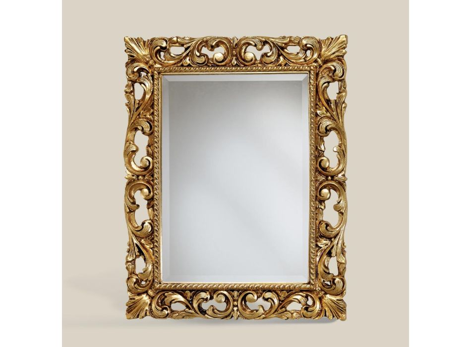 Oglindă dreptunghiulară clasică, cadru cu frunze de aur, fabricată în Italia - Prețioasă Viadurini