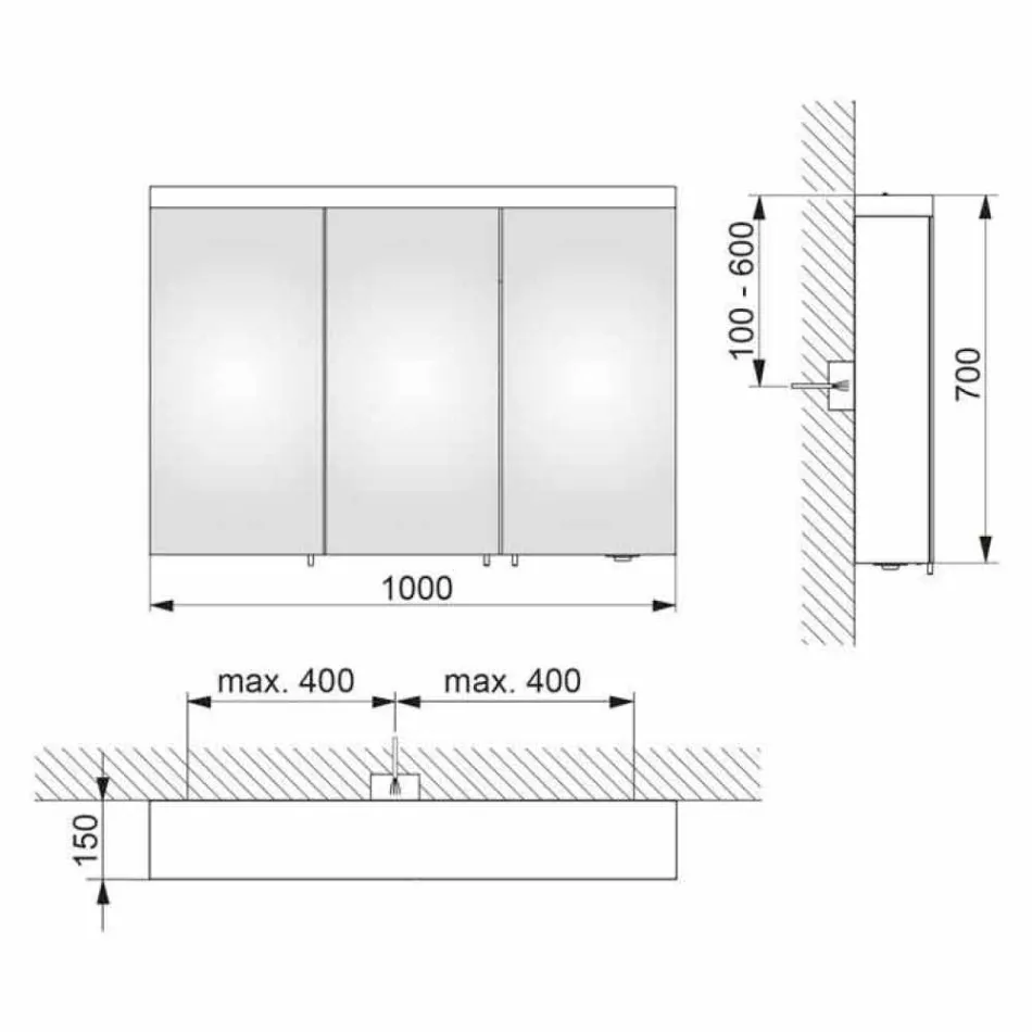 Oglindă de depozitare cu 3 uși din aluminiu vopsit argintiu - Alfio Viadurini