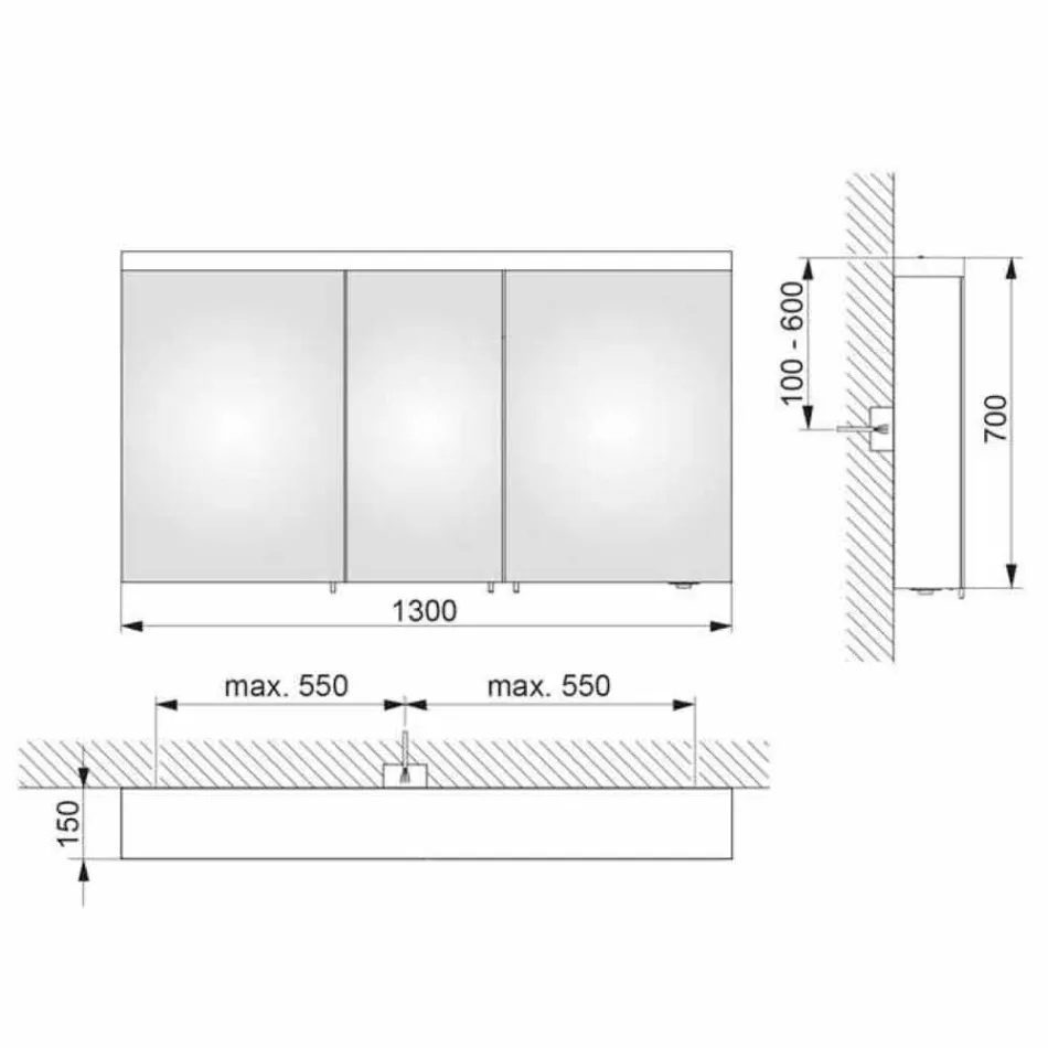 Oglindă de depozitare cu 3 uși din aluminiu vopsit argintiu - Alfio Viadurini