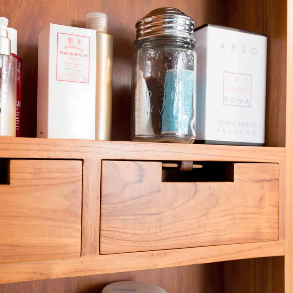 Oglindă de depozitare de perete din Teak, cu rafturi și sertare interne - Ralio Viadurini