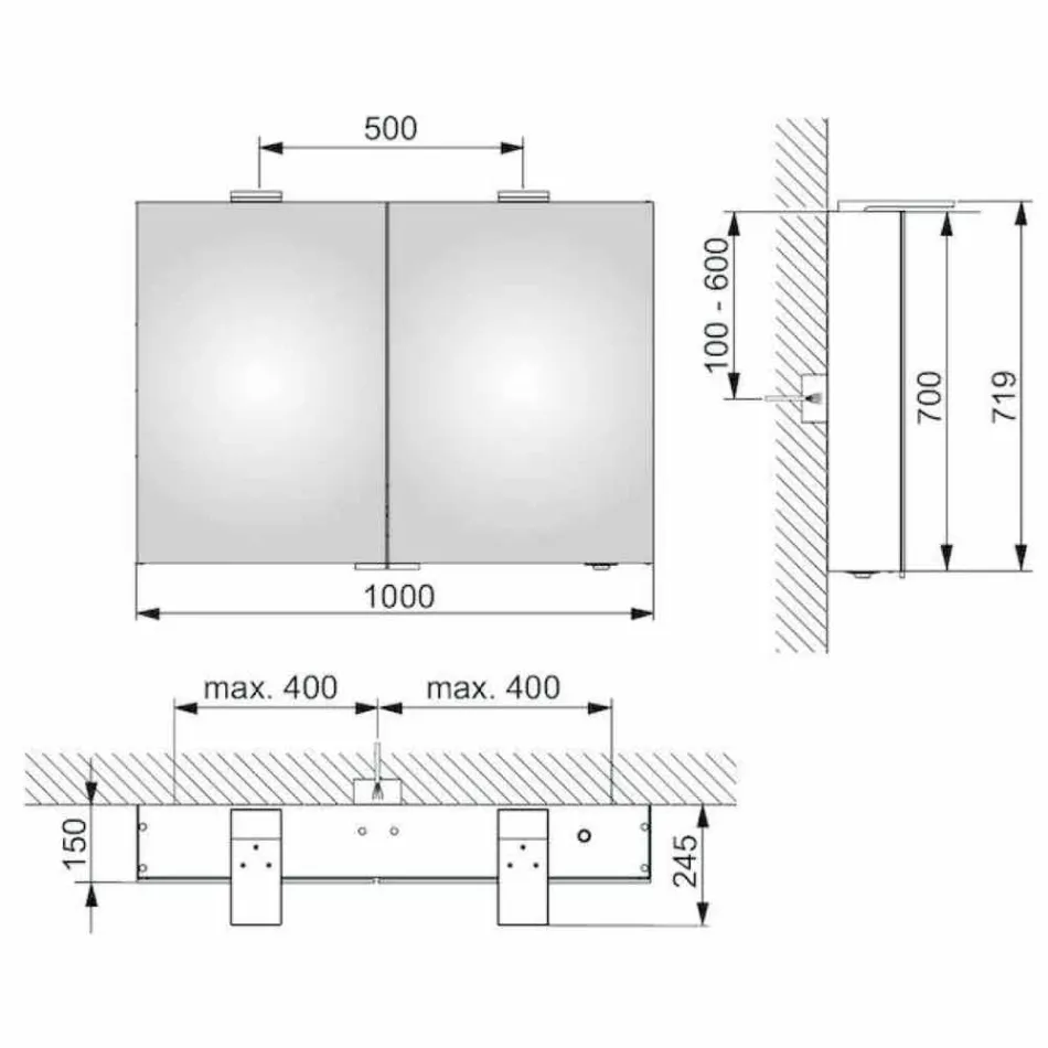 Oglindă modernă de depozitare de perete cu 2 uși și iluminat cu LED - clichet Viadurini