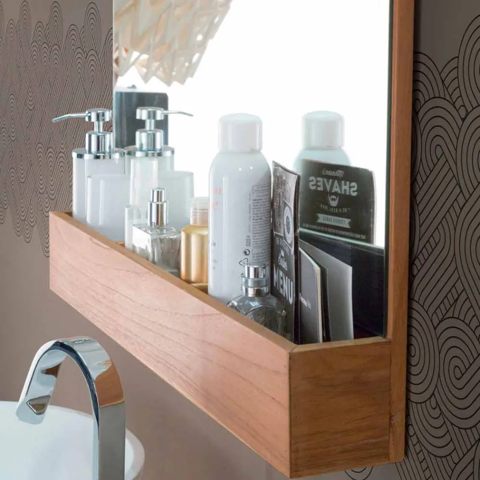 Oglindă de perete cu structură și compartiment de depozitare din lemn de tec - Palima Viadurini