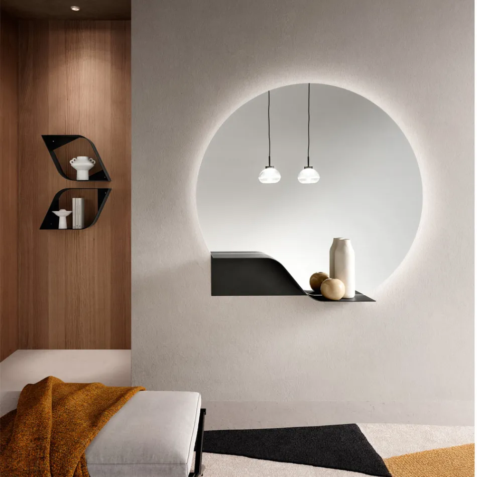 Oglindă de perete cu iluminare din spate cu LED și ramă ABS, fabricată în Italia - Dafira Viadurini