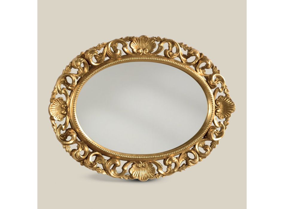 Oglinda ovala cu rama din lemn perforat cu foita de aur Made in Italy - Florenta Viadurini