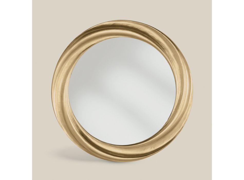 Oglinda rotunda cu rama din lemn auriu de lux Made in Italy - Adelin Viadurini