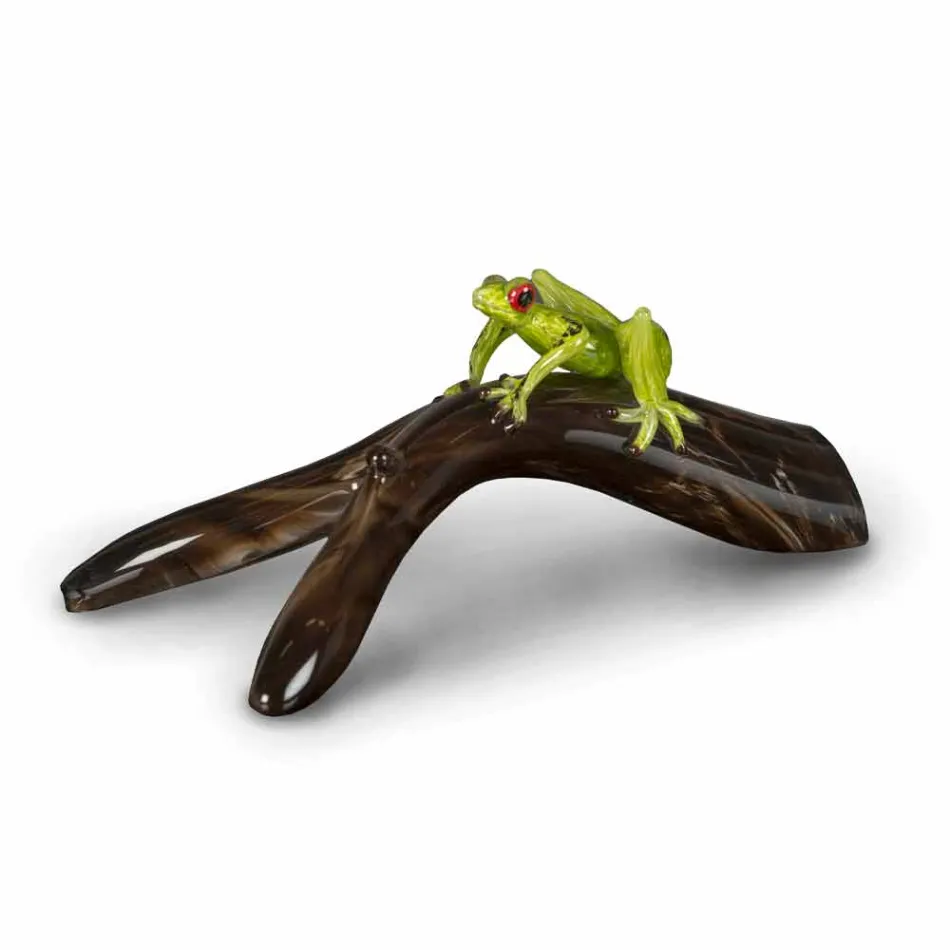 Figurina în formă de broască pe o ramură din sticlă colorată Made in Italy - Froggy Viadurini