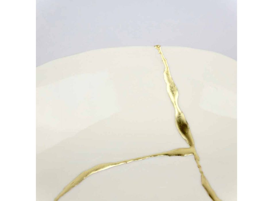 Tava rotundă de buzunar de design în porțelan alb și frunze de aur - Cicatroro Viadurini