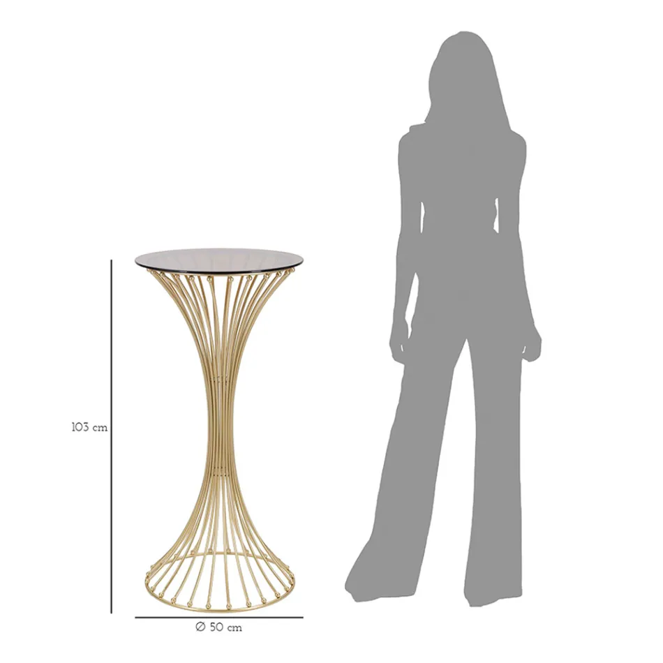 Masuta de cafea inalta rotunda din fier auriu cu sfere si blat din sticla afumata - Dexter Viadurini