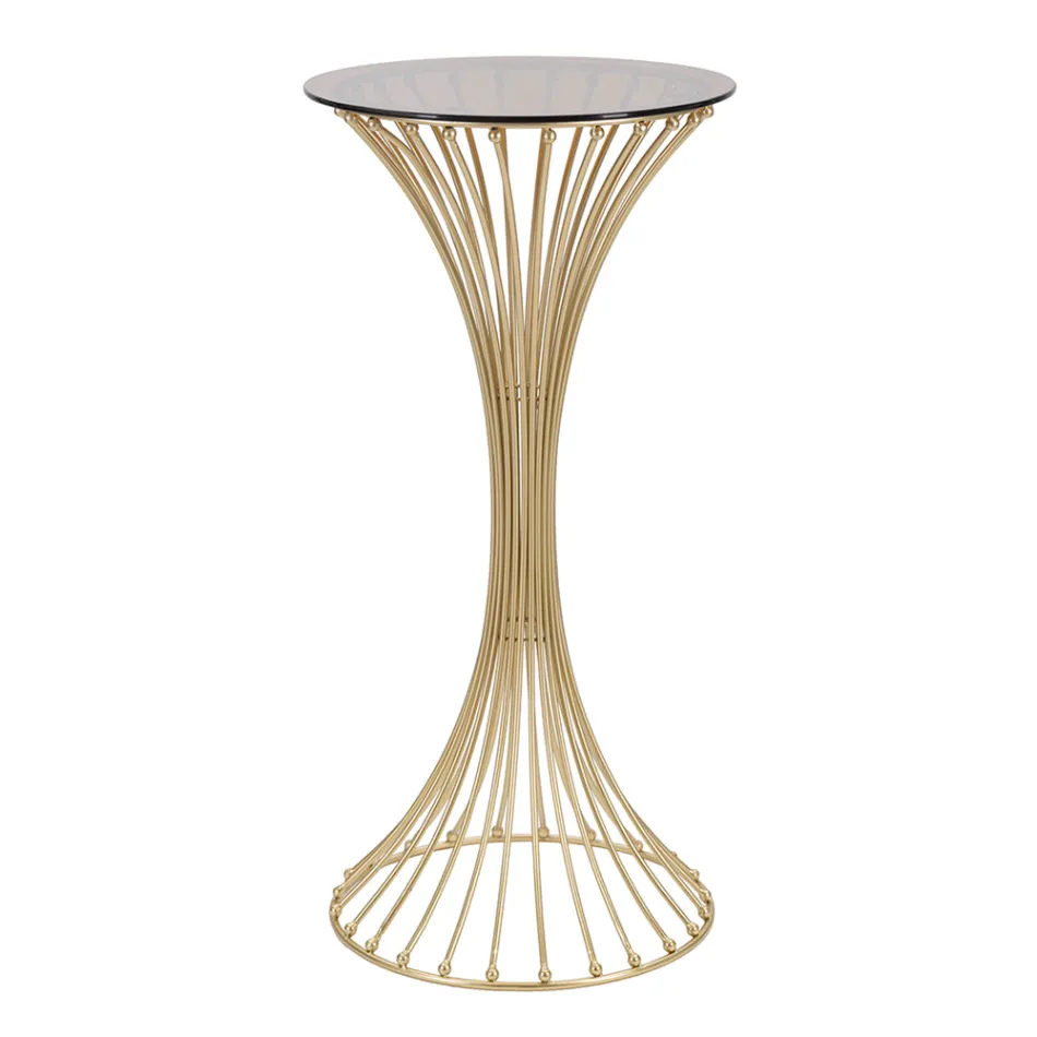 Masuta de cafea rotunda inalta din fier auriu cu sfere si blat din sticla afumata - Dexter Viadurini