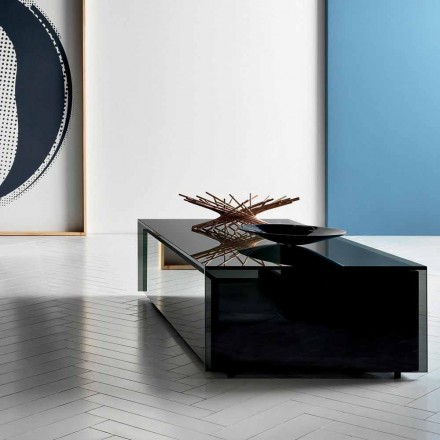 Masă joasă pentru sufragerie din sticlă afumată și sertare din lemn 3 dimensiuni - Mantra Viadurini