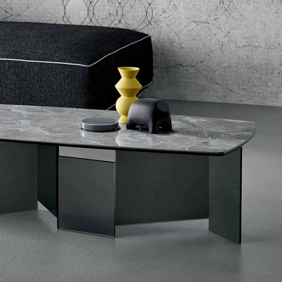 Masă joasă de cafea Sufragerie din ceramică și picioare din sticlă afumată 3 dimensiuni - Aleatoriu Viadurini