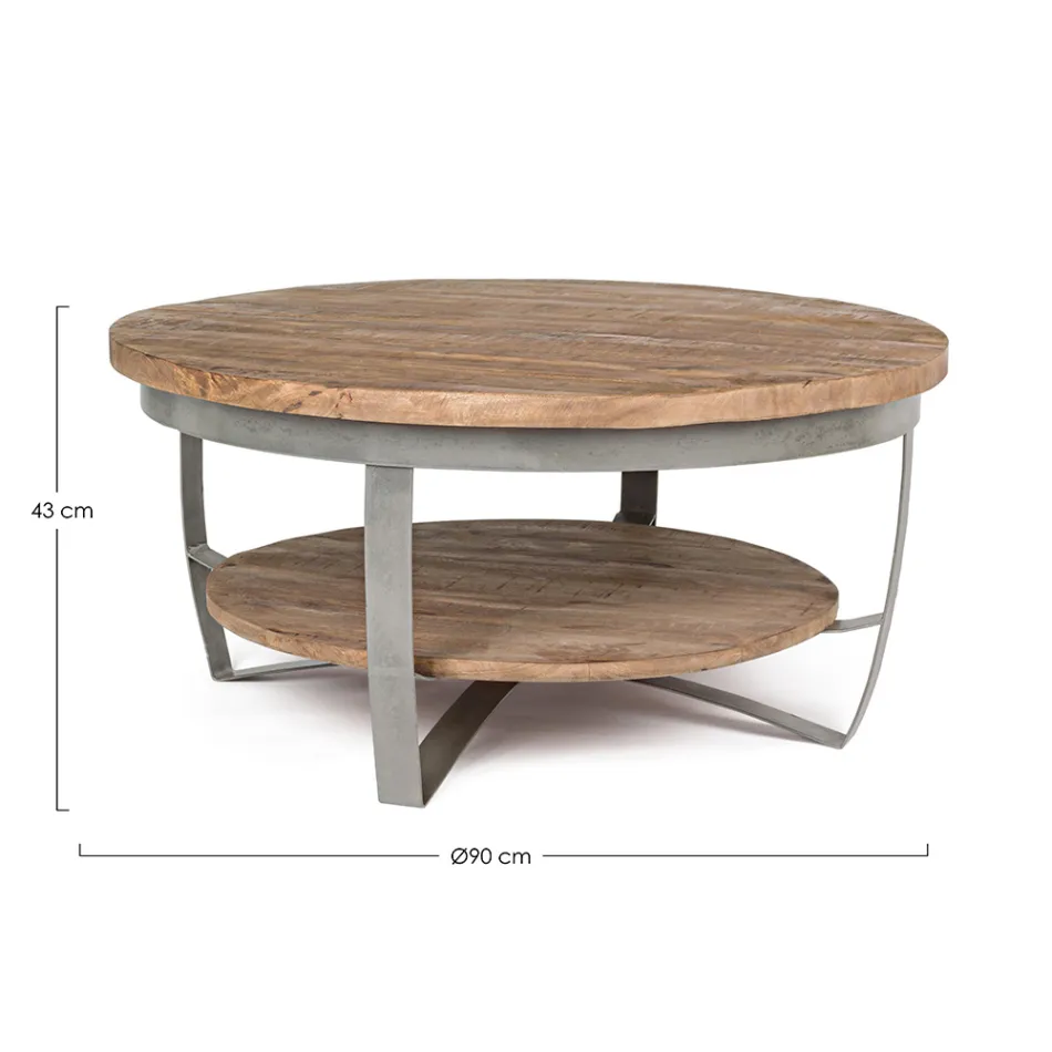 Masuta de cafea joasa rotunda pentru living din lemn de mango si otel - Moncheri Viadurini