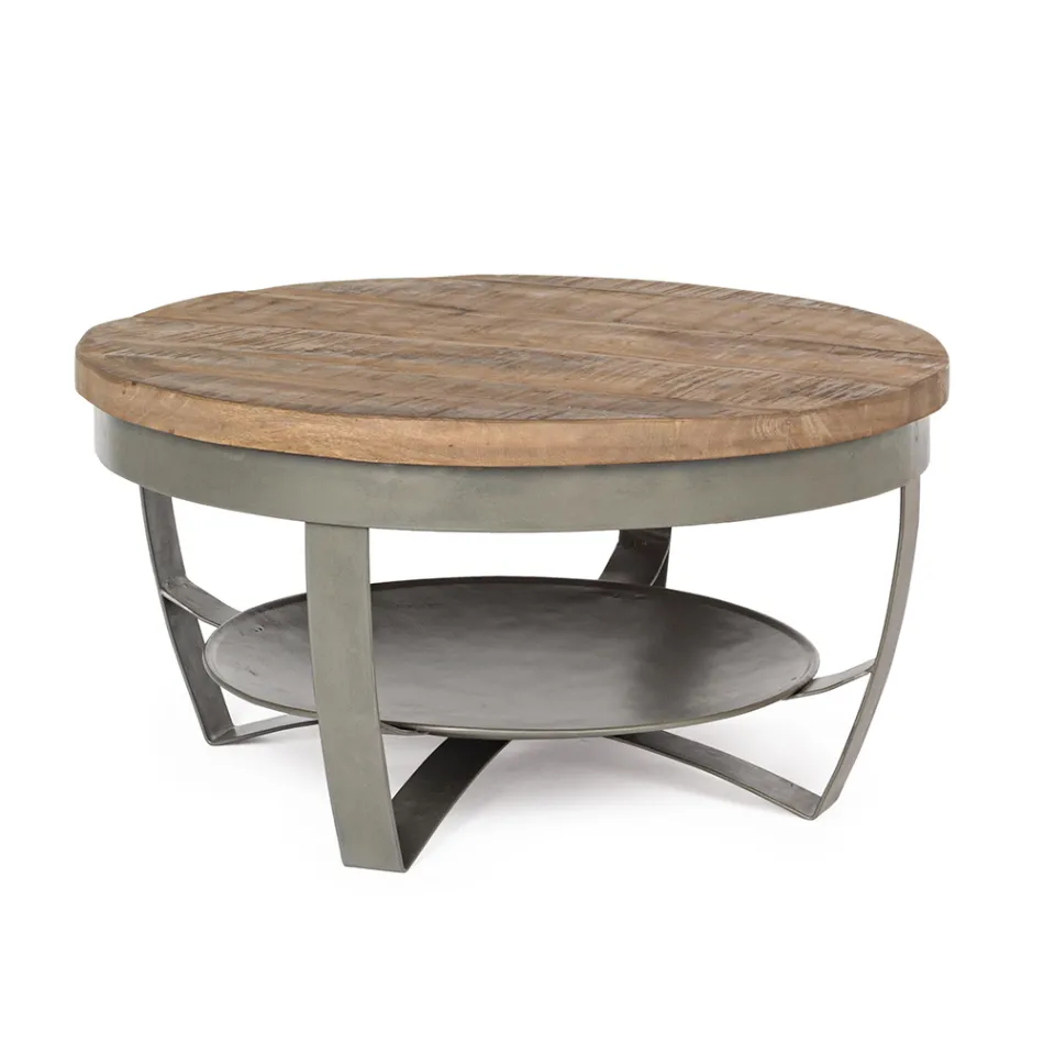 Masuta de cafea joasa rotunda pentru living din lemn de mango si otel - Moncheri Viadurini