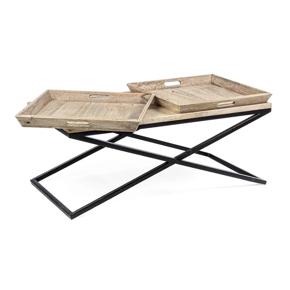 Masuta de cafea din Otel cu Tava in Lemn de Mango Design - Cesira Viadurini