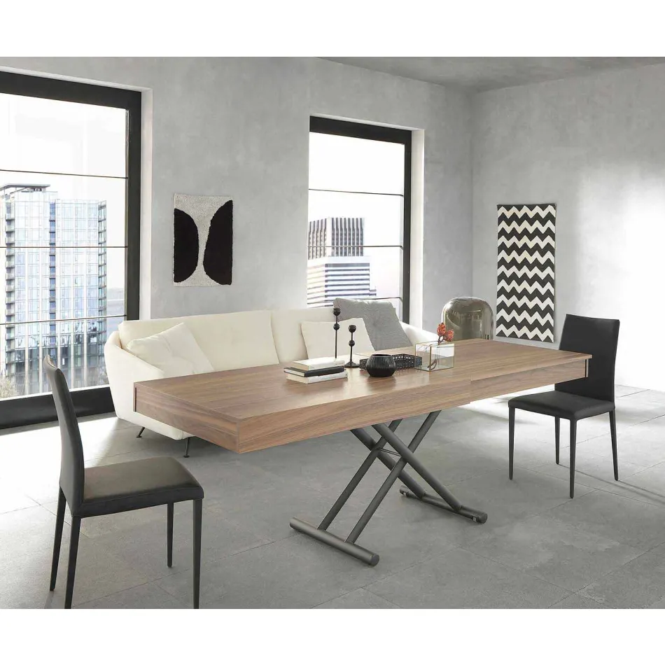 Masa de cafea moderna transformabila din lemn si metal Made in Italy - Fabio Viadurini