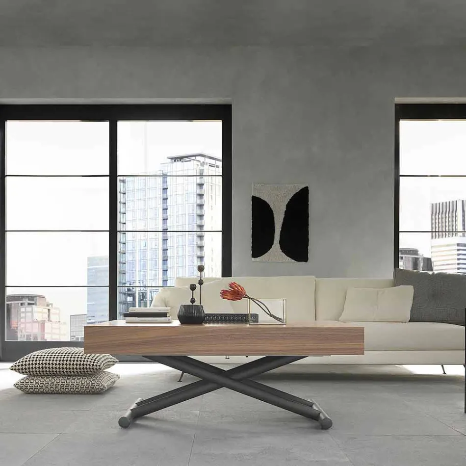 Masa de cafea moderna transformabila din lemn si metal Made in Italy - Fabio Viadurini