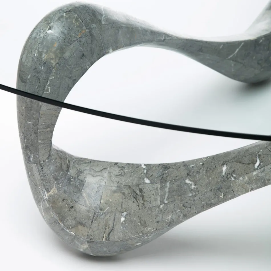 Masuta de cafea cu blat din sticla si baza din piatra fosila - California Viadurini