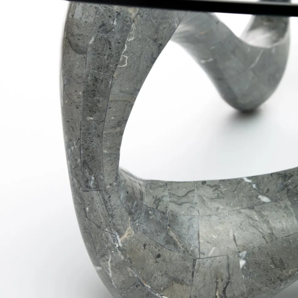 Masuta de cafea cu blat din sticla si baza din piatra fosila - California Viadurini