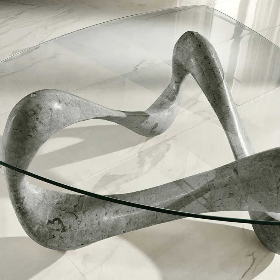 Masuta de cafea cu blat din sticla si baza din piatra fosila - California Viadurini