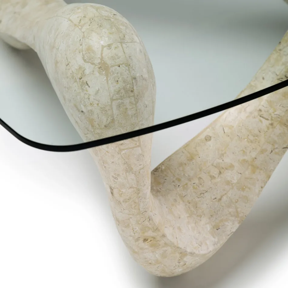 Masuta de cafea cu blat din sticla si baza din piatra fosila - California Viadurini