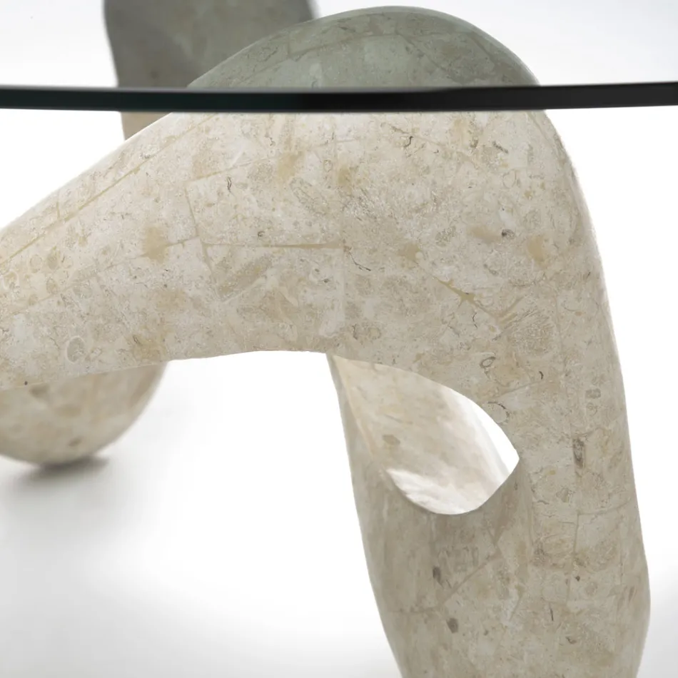 Masuta de cafea cu blat din sticla si baza din piatra fosila - California Viadurini