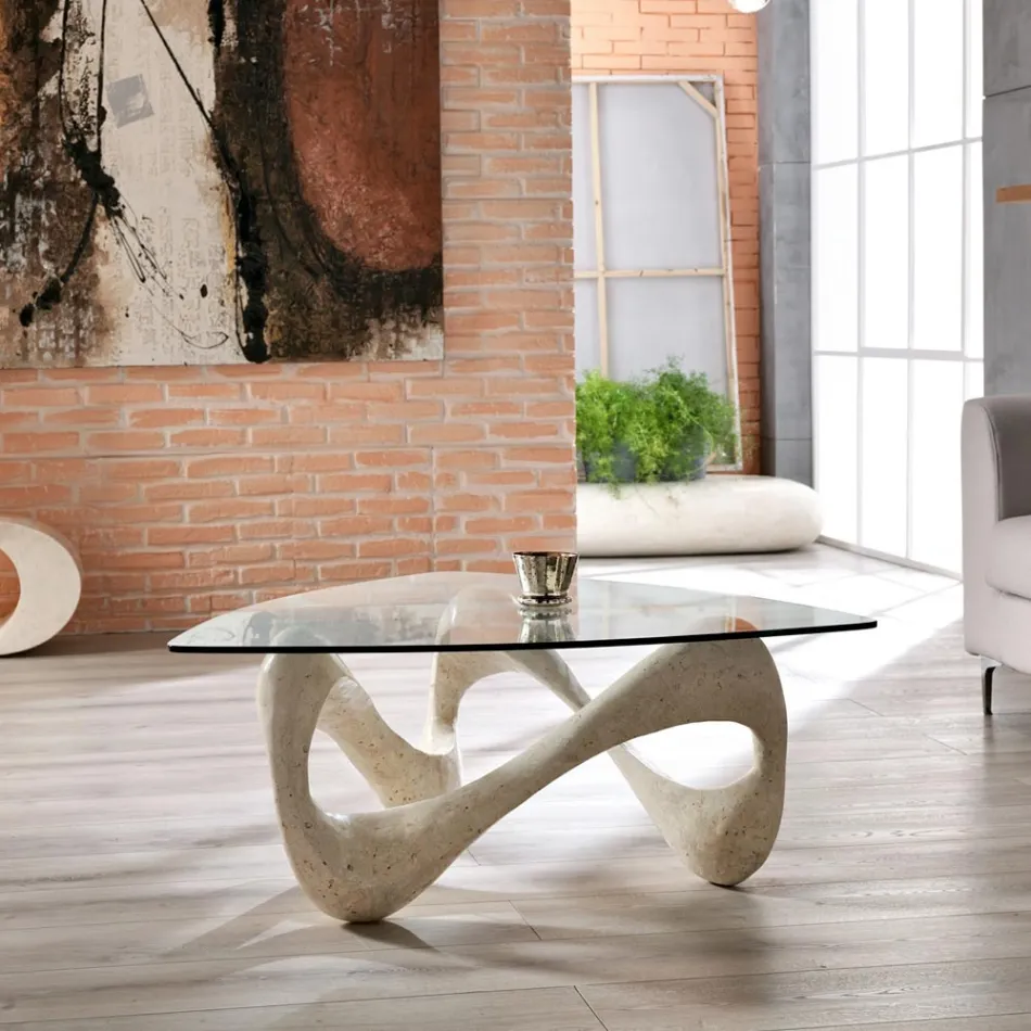 Masuta de cafea cu blat din sticla si baza din piatra fosila - California Viadurini