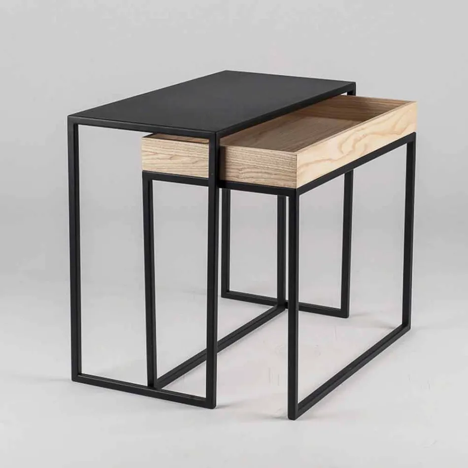 Masuta de cafea din otel cu tava de frasin Made in Italy - Dantela Viadurini