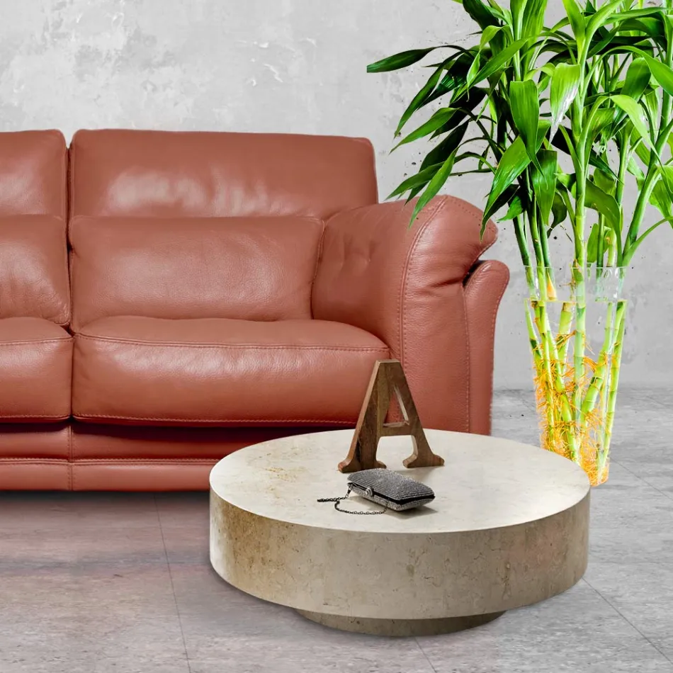 Masuta de cafea rotunda moderna din piatra fosila - Vermont Viadurini