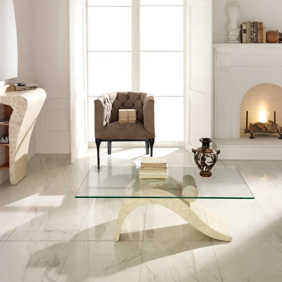 Masuta de cafea cu design modern cu blat din sticla si baza din piatra fosila - reumplere Viadurini